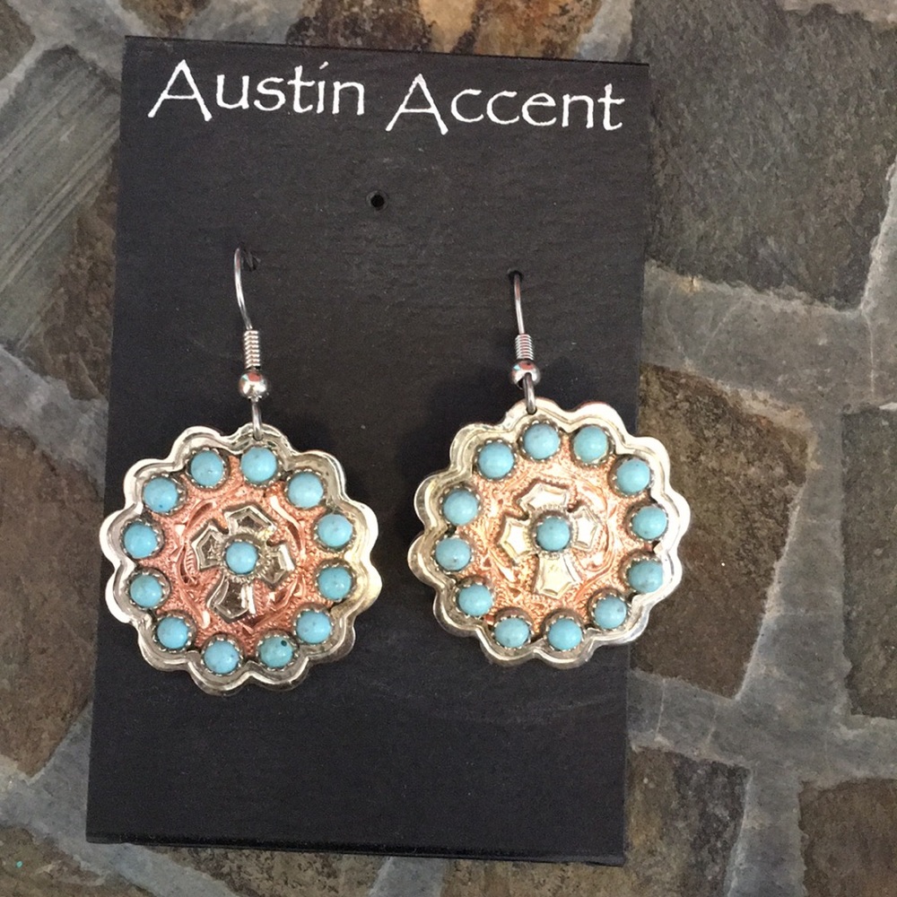 BNWT Copper & Turq accent cross concho earrings